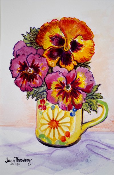 Pansies in a Patterned Mug, 2015 by Joan Thewsey